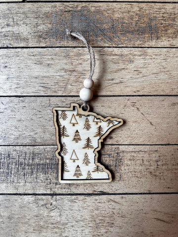 Framed Minnesota Ornament with Pine Trees - Handmade by Hammero