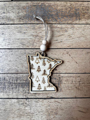 Framed Minnesota Ornament with Pine Trees - Handmade by Hammero