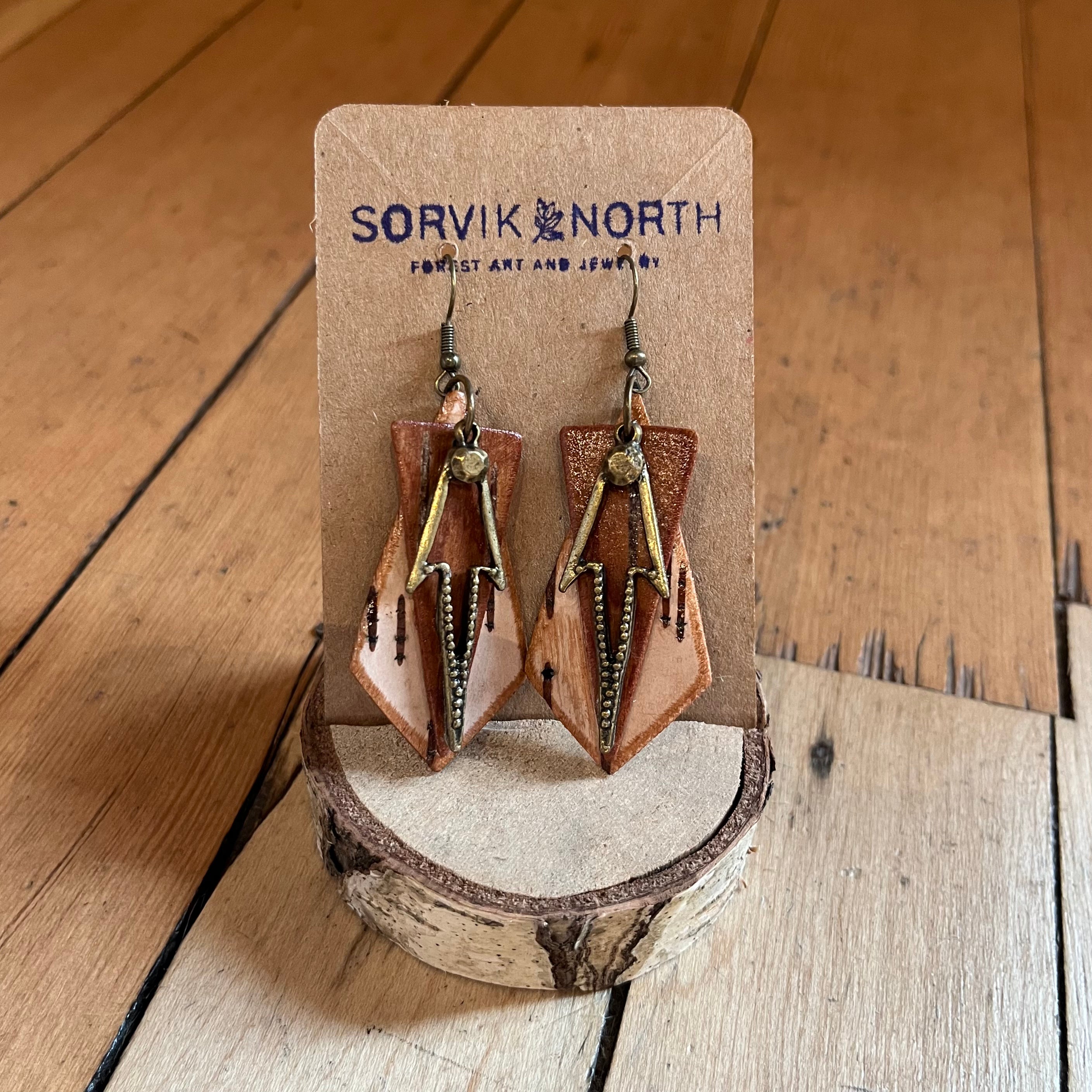Geometric Birch Bark & Bronze Earrings