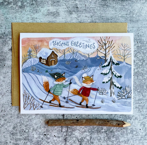 Skiing Foxes ,  Season's Greetings-  Holiday Card